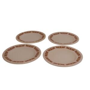 Vintage Pyrex Milk Glass 4 Small Plates Brown Filigree Corning Tableware USA